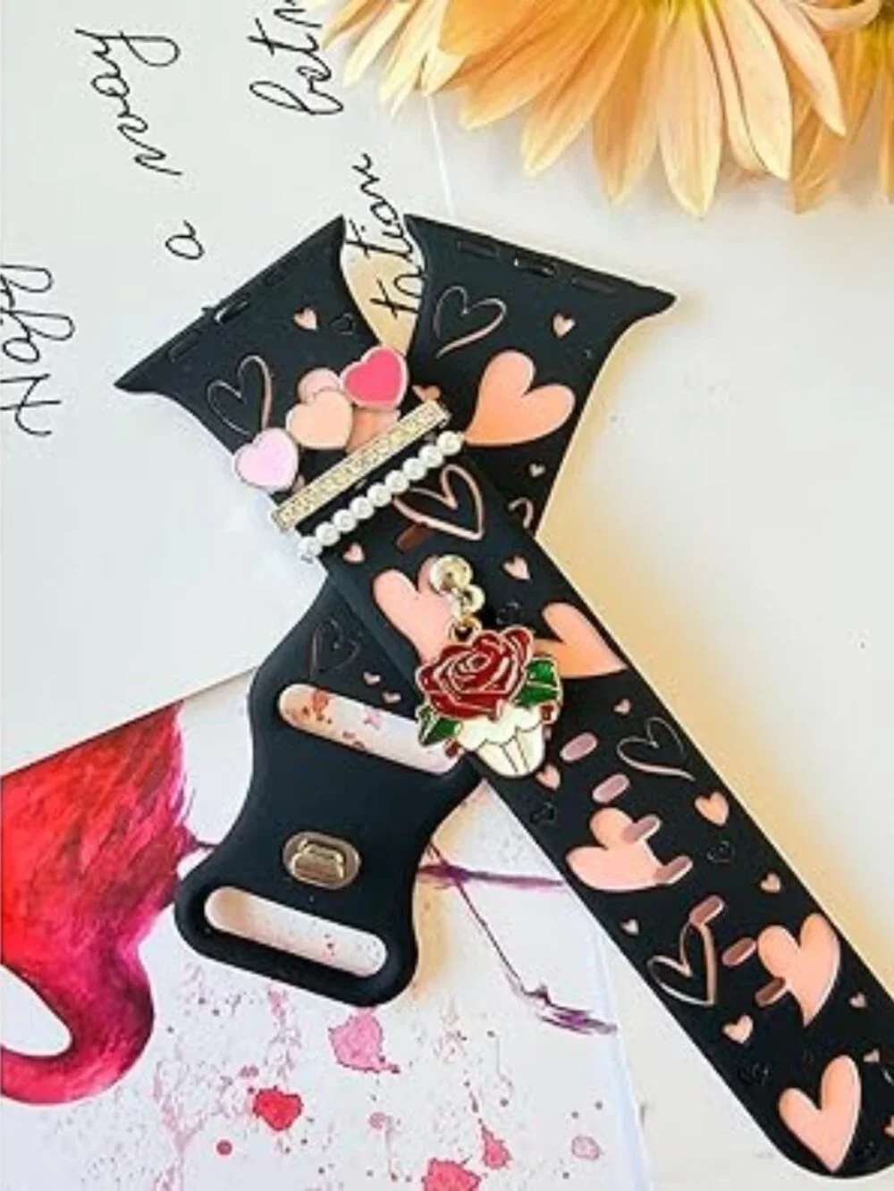 Black with Pink Heart Pink Band With Charms‎ Compatible Apple Watch